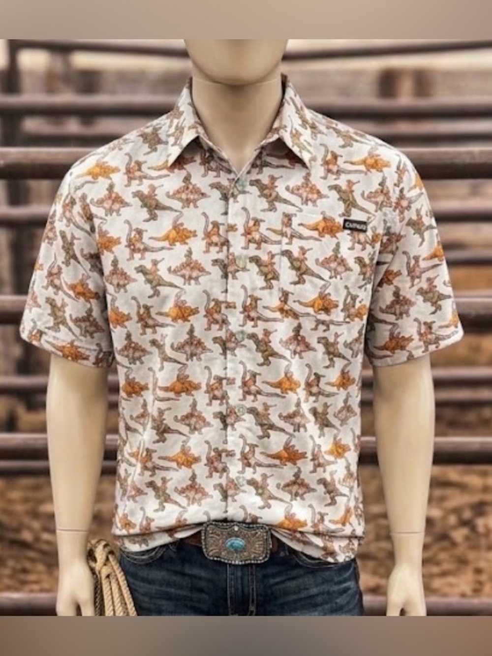 Cinch Boy's Bronc-A-Saurus Camp Shirt White & Brown XL